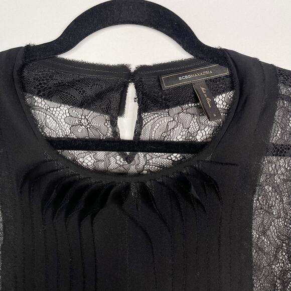 BCBGMaxazria S Black Sheer Lace 3/4 Sleeve Blouse Pleated Detail Keyhole Back - Picture 4 of 6